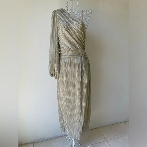 SAYLOR Alora Plisse’ Metallic One Shoulder Goddess Gown EUC XS Silver/platinum - Picture 4 of 15